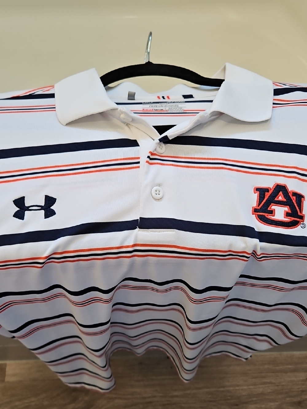 Under Armour Mens Polo with Navy/Orange Stripes, Auburn Tigers, XL Loose Fit - Picture 7 of 10